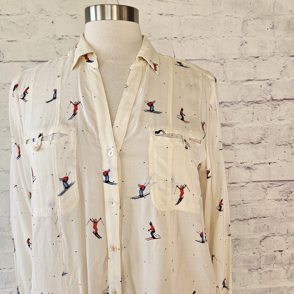 Maeve Cream Ski Patrol Print Button-Up Blouse